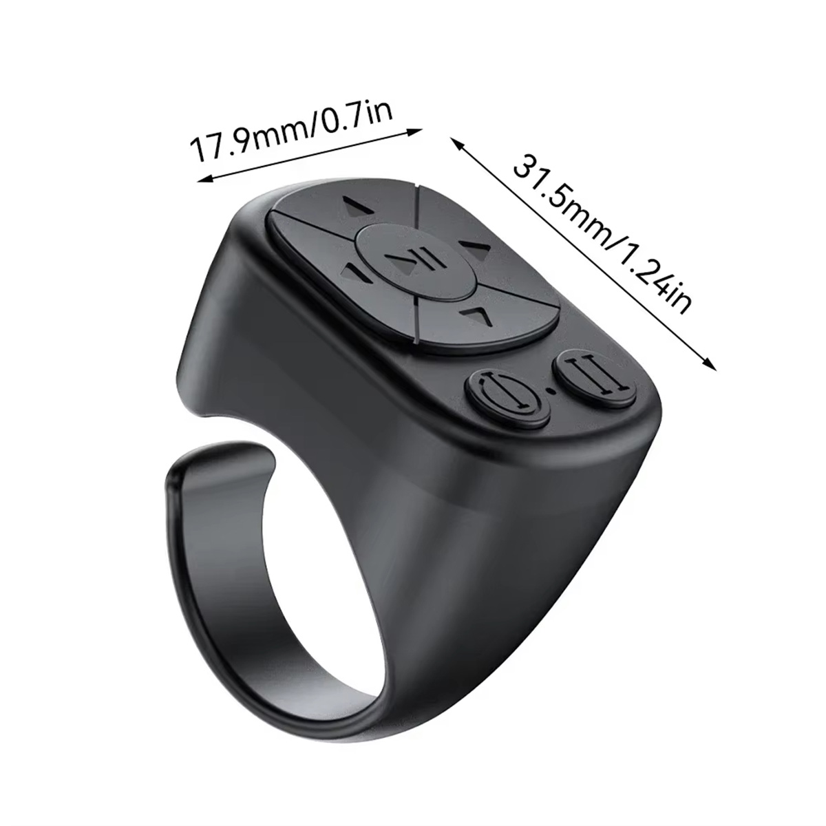 Mando a distancia negro en forma de anillo con botones de dirección y función. Dimensiones indicadas en la imagen.