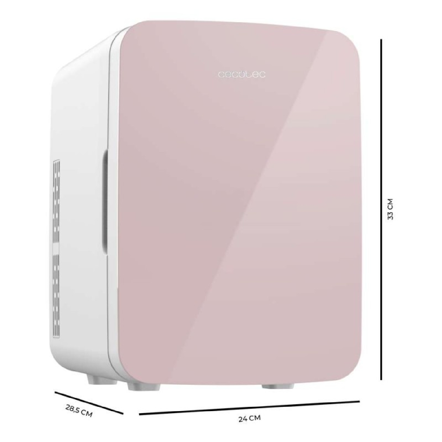Un piccolo frigorifero rosa con dimensioni. Ha un logo Cecotec sul davanti.