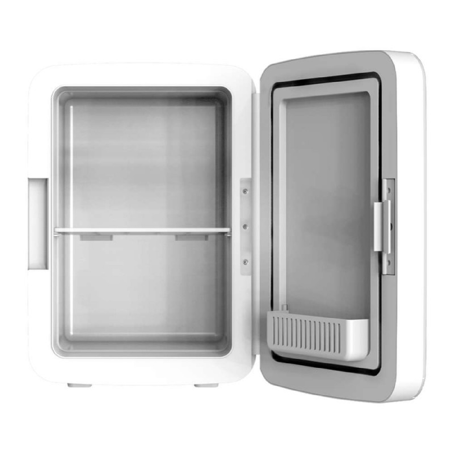 Mini frigo bianco aperto che mostra ripiani e interno con un piccolo scomparto portaoggetti.