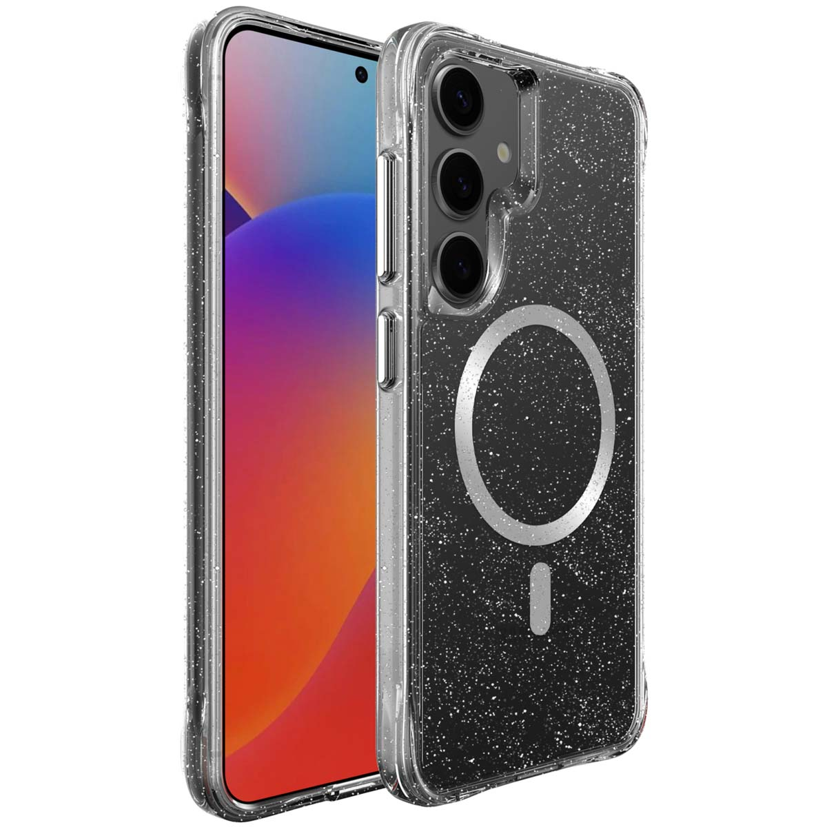 Een doorzichtige glitterende telefoonhoes, met een telefoon erin. De hoes heeft een magnetische cirkel op de achterkant.