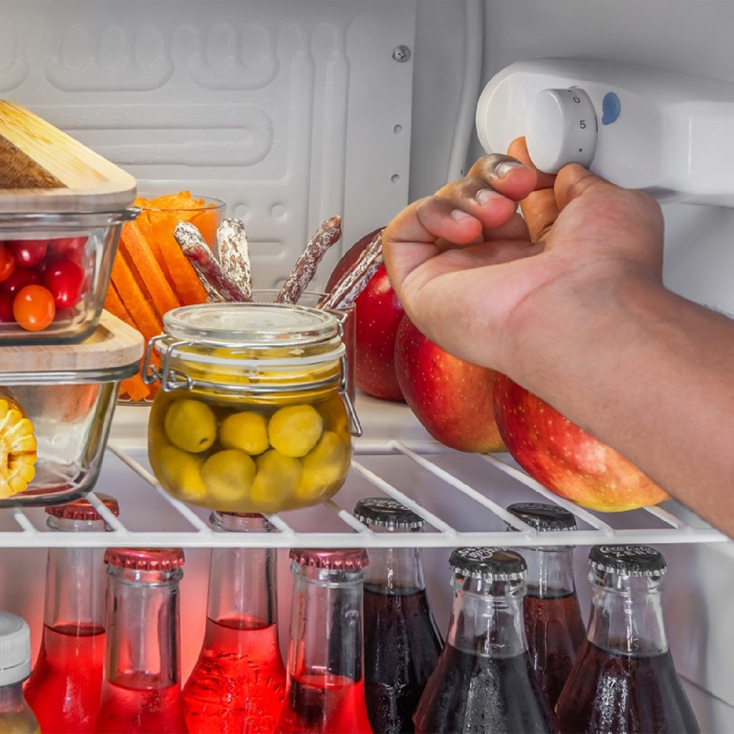 Wewnątrz lodówki widoczne są różne produkty spożywcze. Ręka obraca pokrętło regulacji temperatury.