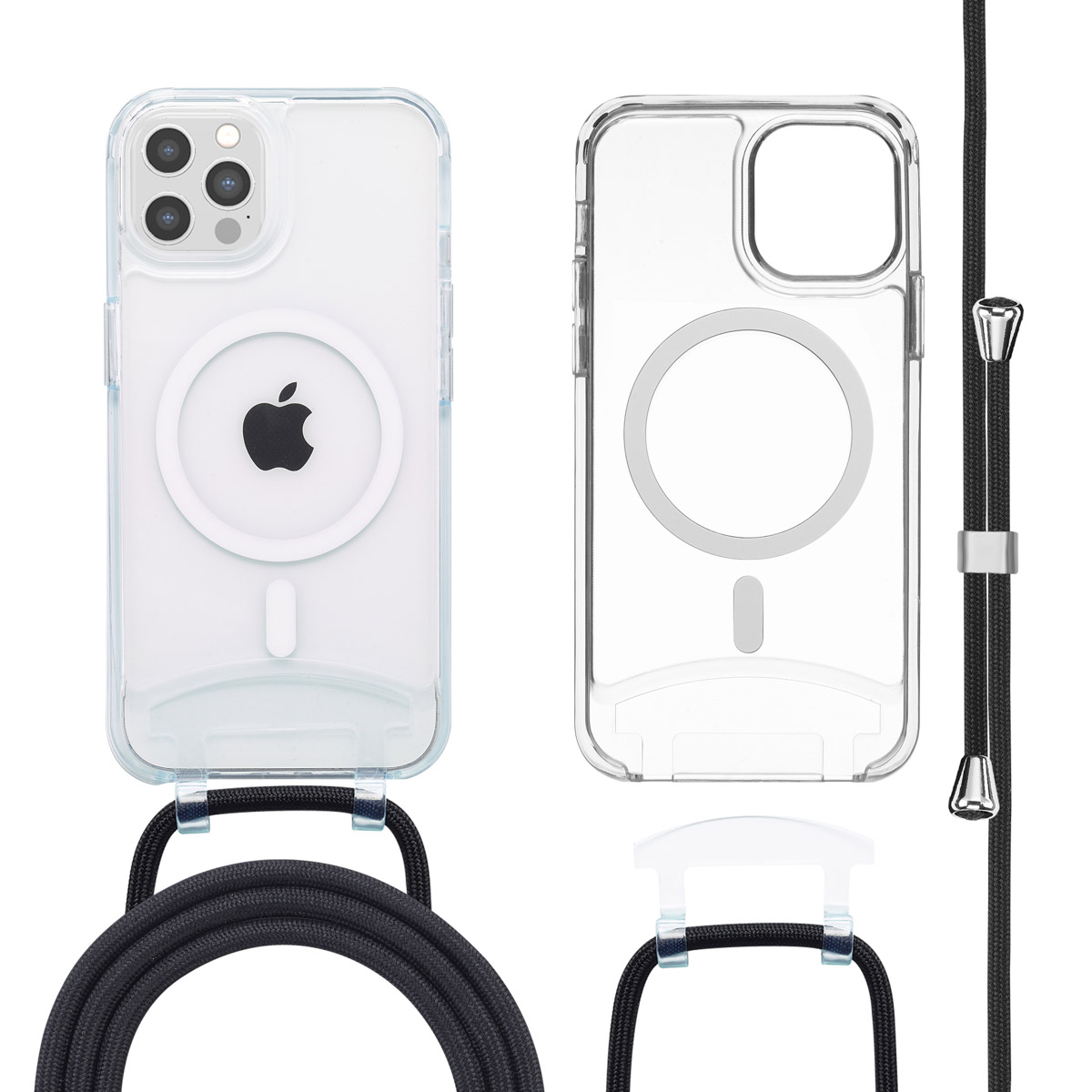 Transparante telefoonhoes met zwarte band, die de achterkant van een telefoon met Apple-logo laat zien.