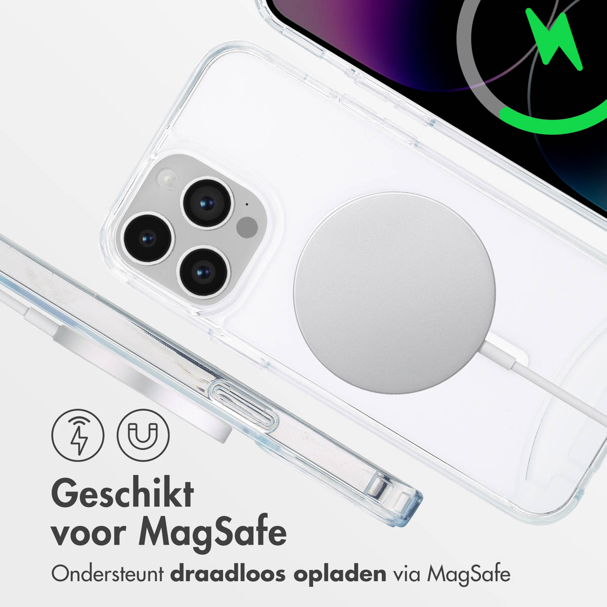 Ein weißes Telefon mit einem MagSafe-Ladegerät und einer transparenten Hülle mit MagSafe-Ring.