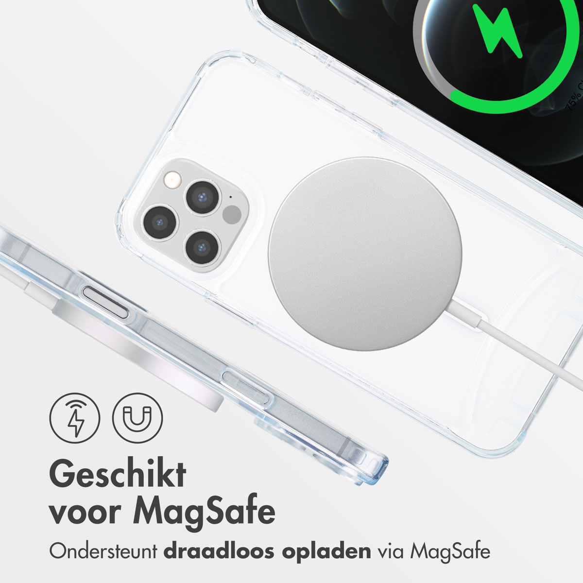 Telefoon met doorzichtige hoes en MagSafe-lader. Witte achtergrond.