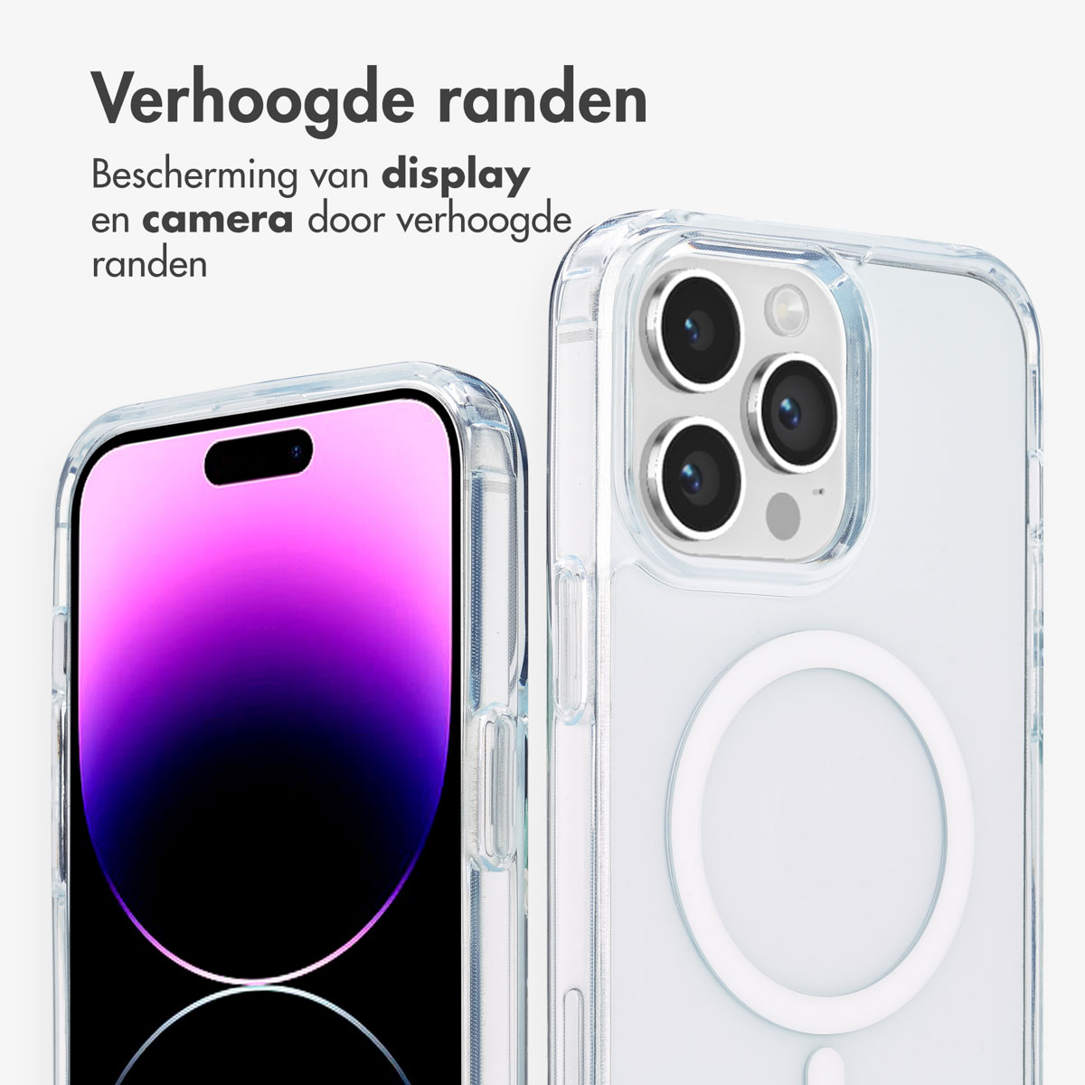 Handyhülle mit Telefon, transparent, weißer Hintergrund. Nahaufnahme.
