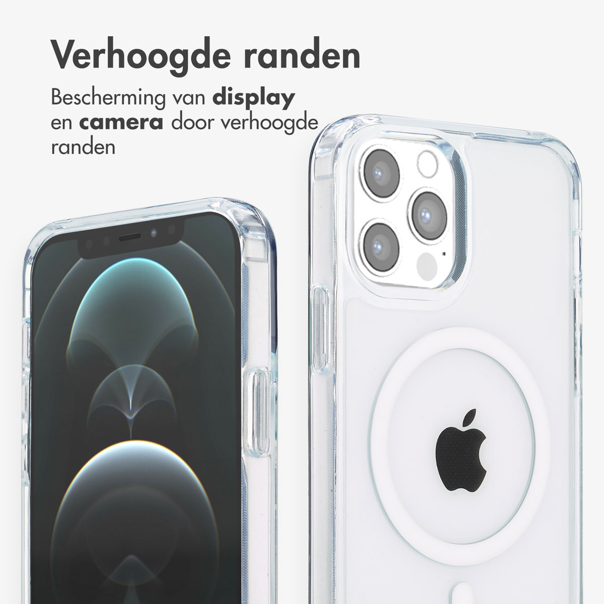 Twee telefoonhoesjes. Eén toont het scherm, de ander de achterkant met een Apple-logo.