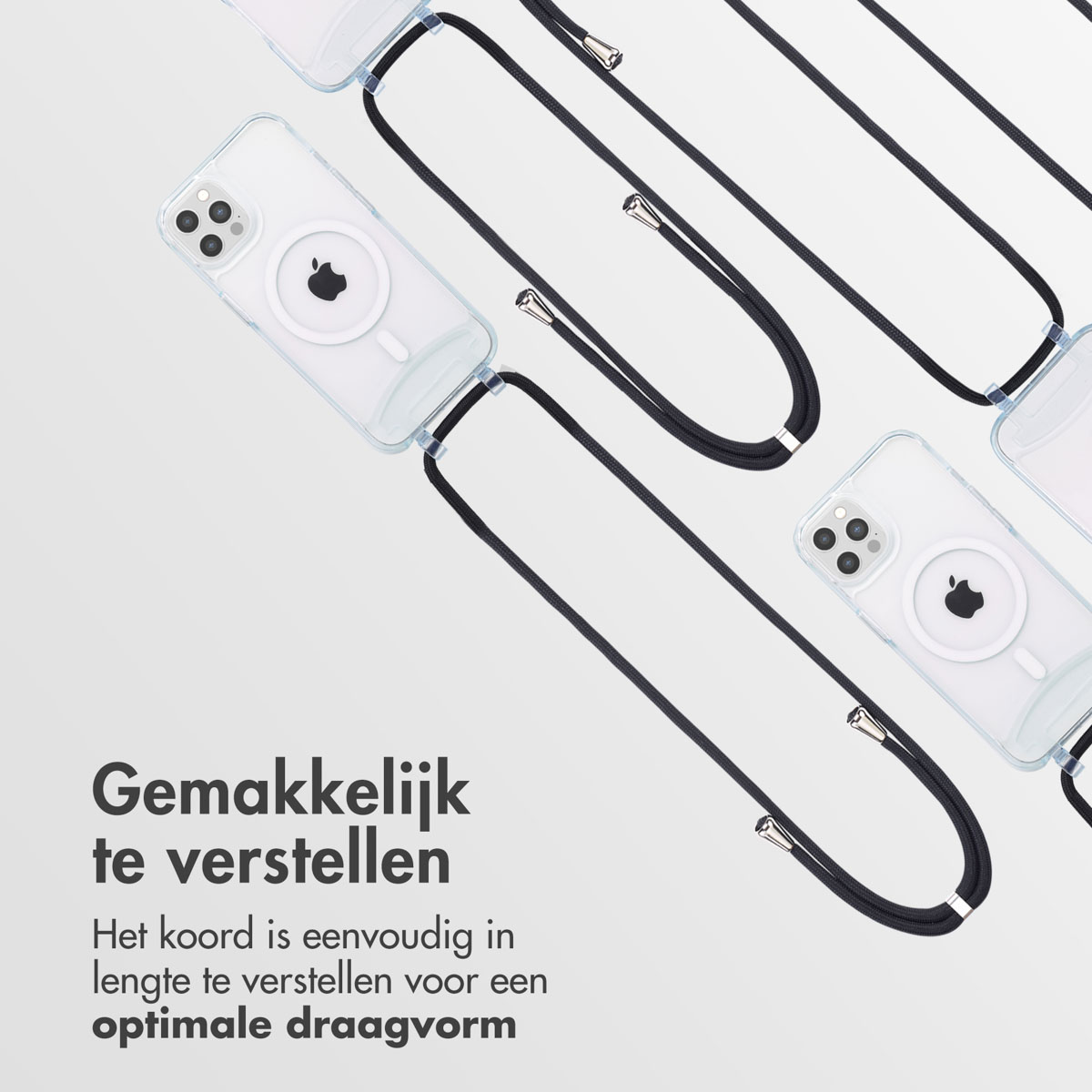Meerdere doorzichtige telefoonhoesjes met zwarte koorden. De hoesjes hebben een cirkel voor het Apple-logo en een riem.