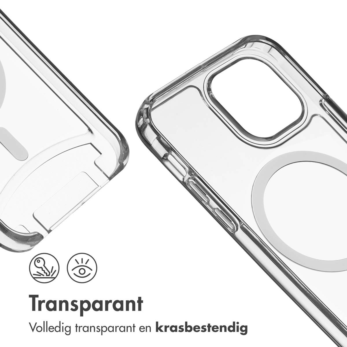 Twee doorzichtige telefoonhoesjes naast elkaar. De tekst onderaan zegt 'Transparant'.