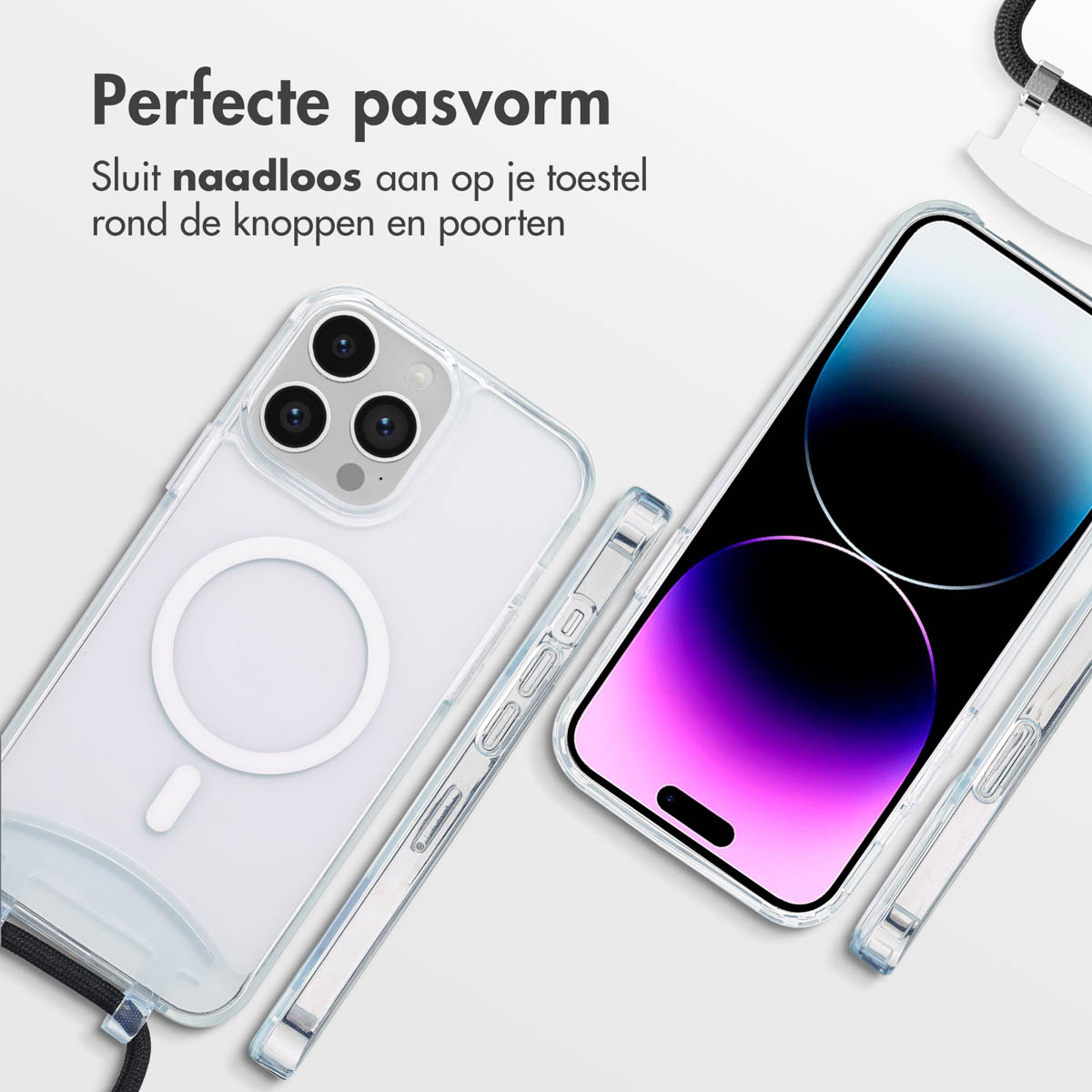 Zwei transparente Handyhüllen, eine mit schwarzem Gurt. Ein Telefon zeigt einen farbenfrohen Bildschirm.
