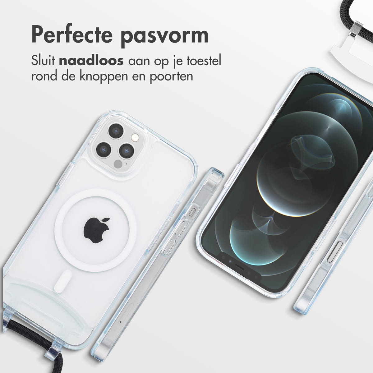 Een transparante telefoonhoes met een telefoon erin en een koord, die het ontwerp toont.