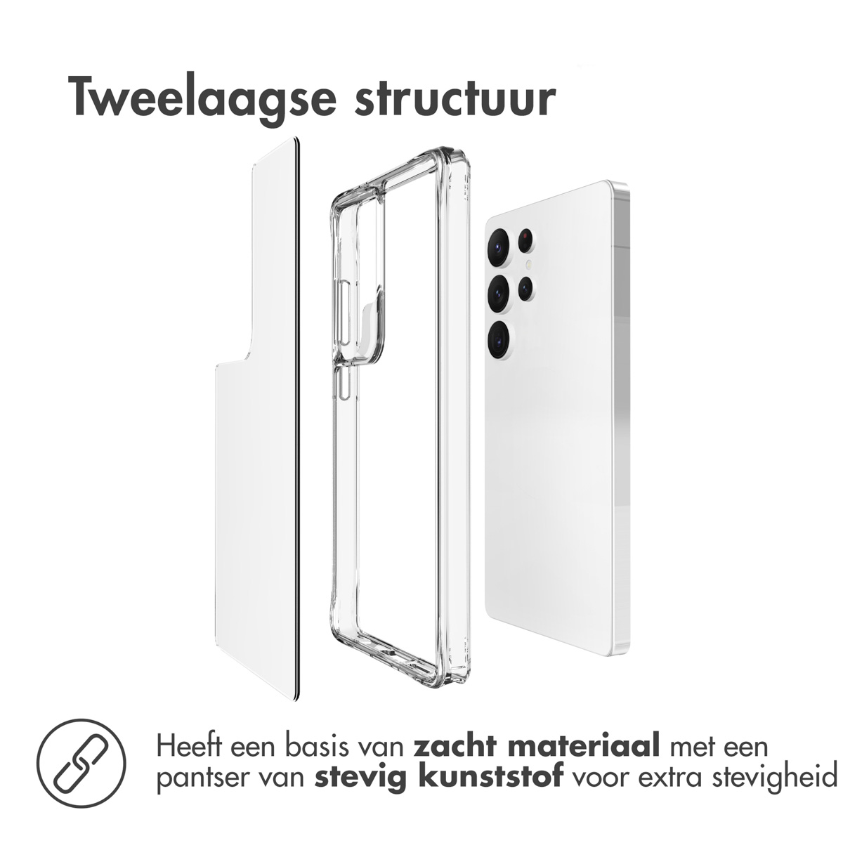 Componenti della custodia del telefono: una cover posteriore, una cornice trasparente e un telefono bianco. Cornice trasparente.