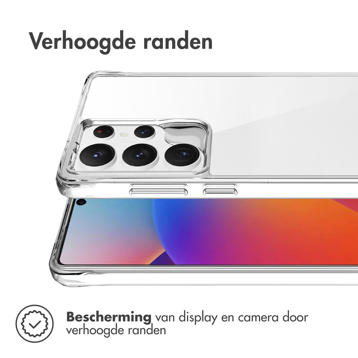 Custodia trasparente su un telefono. Testo: Protezione del display e della fotocamera.