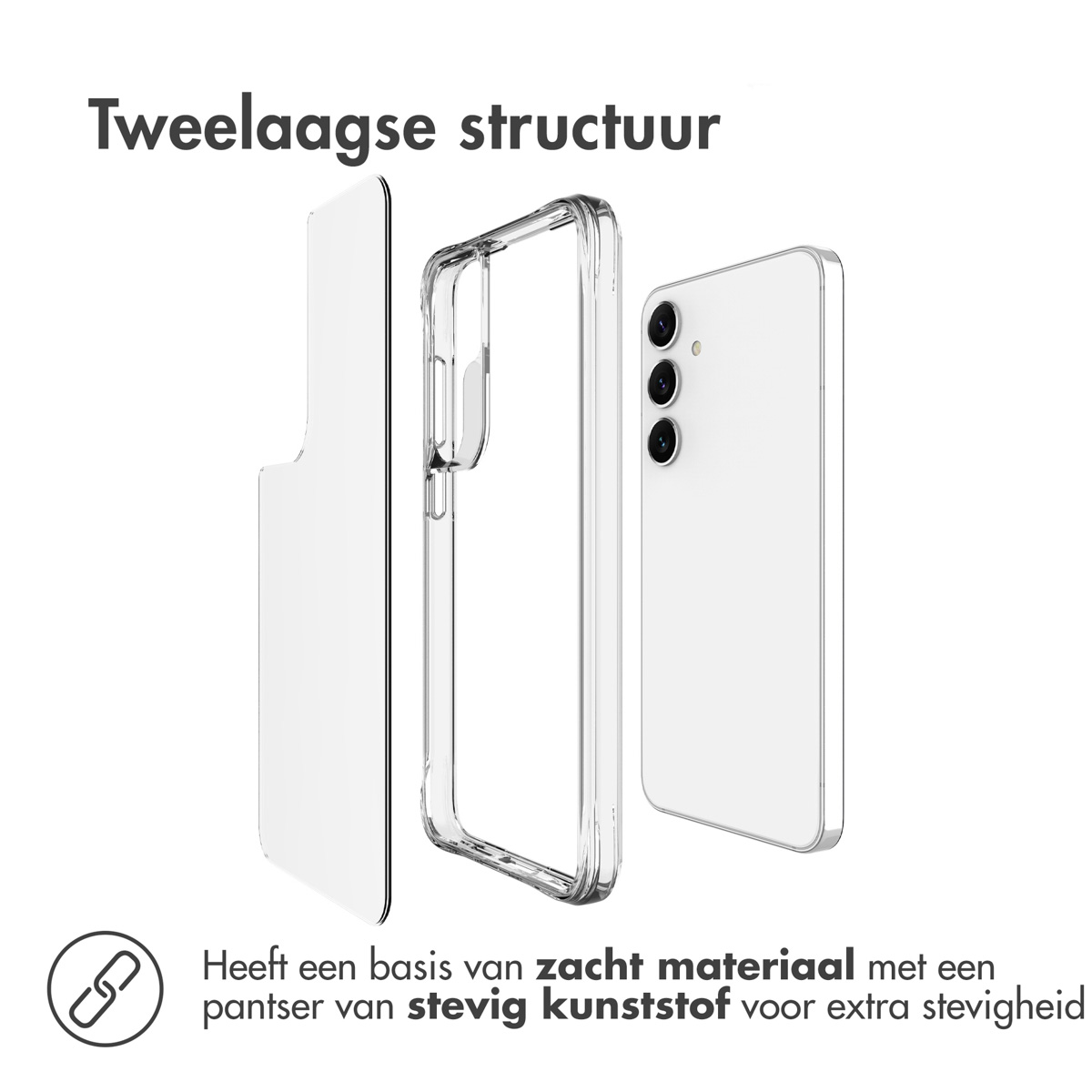Composants de l'étui du téléphone : un panneau arrière, un cadre de protection transparent et le dos du téléphone. Transparent et blanc.