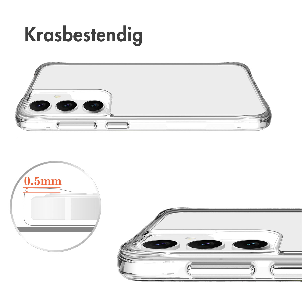 Coque transparente. Vue latérale montre découpes caméra et épaisseur. Texte: 'Krasbestendig'.