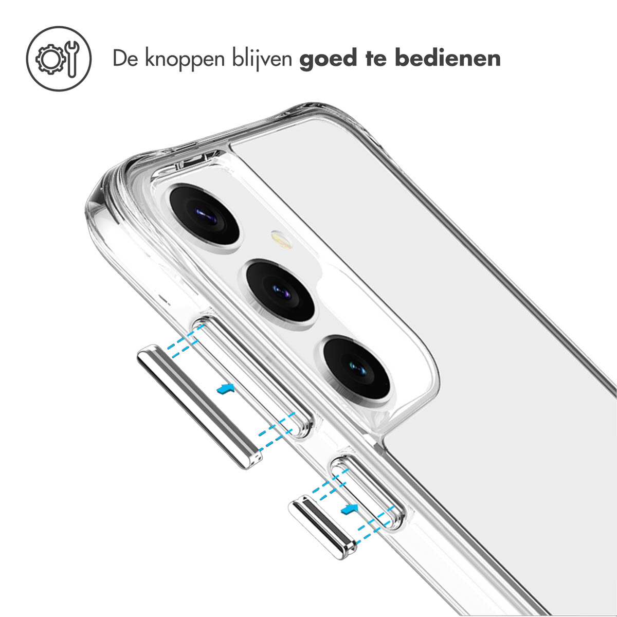 Coque transparente, détails des boutons. Texte : Les boutons restent faciles à utiliser.