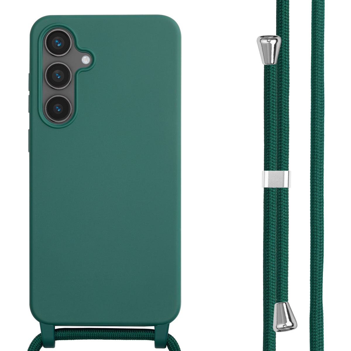 Una custodia per telefono verde acqua con un cordino verde attaccato. Il cordino ha dettagli argentati.