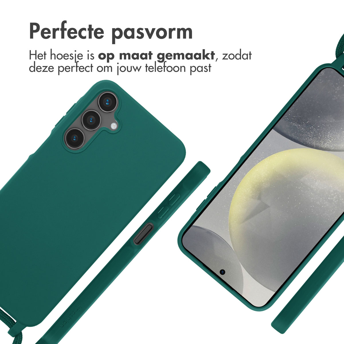 Custodia verde attorno a un telefono. La custodia ha anche un cinturino. Il telefono è su una superficie bianca.