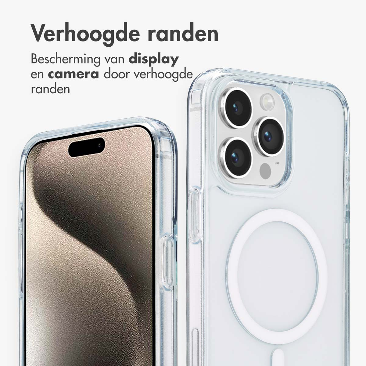 Due custodie trasparenti per telefono. Quella a sinistra mostra lo schermo, quella a destra la fotocamera. Bordi rialzati per proteggere schermo e fotocamera.