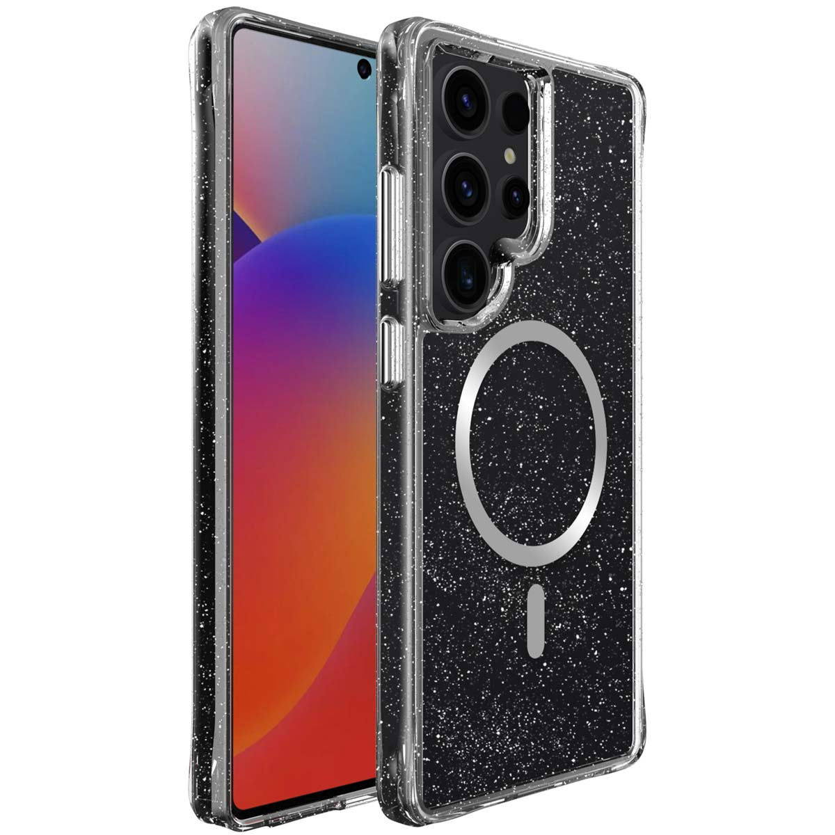 Coque de téléphone transparente avec anneau MagSafe, avec un téléphone à l'intérieur.