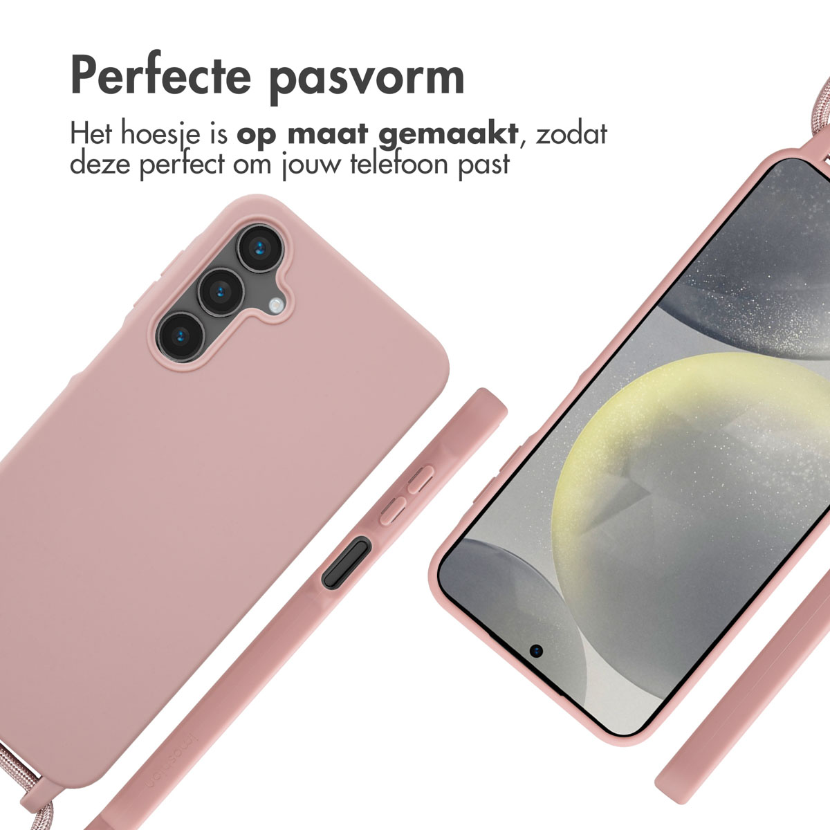 Custodia rosa con telefono, dettaglio custodia e cordino. Testo: 'Perfecte pasvorm'.