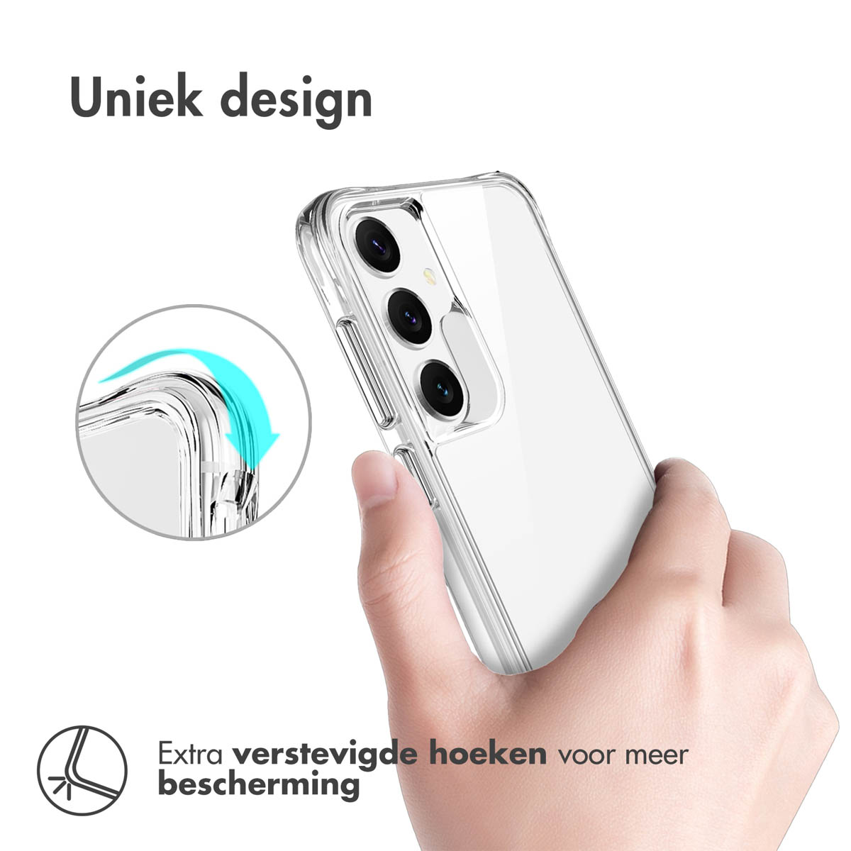 Un étui de téléphone transparent tenu par une main. Montre des coins renforcés pour la protection. L'étui est transparent.