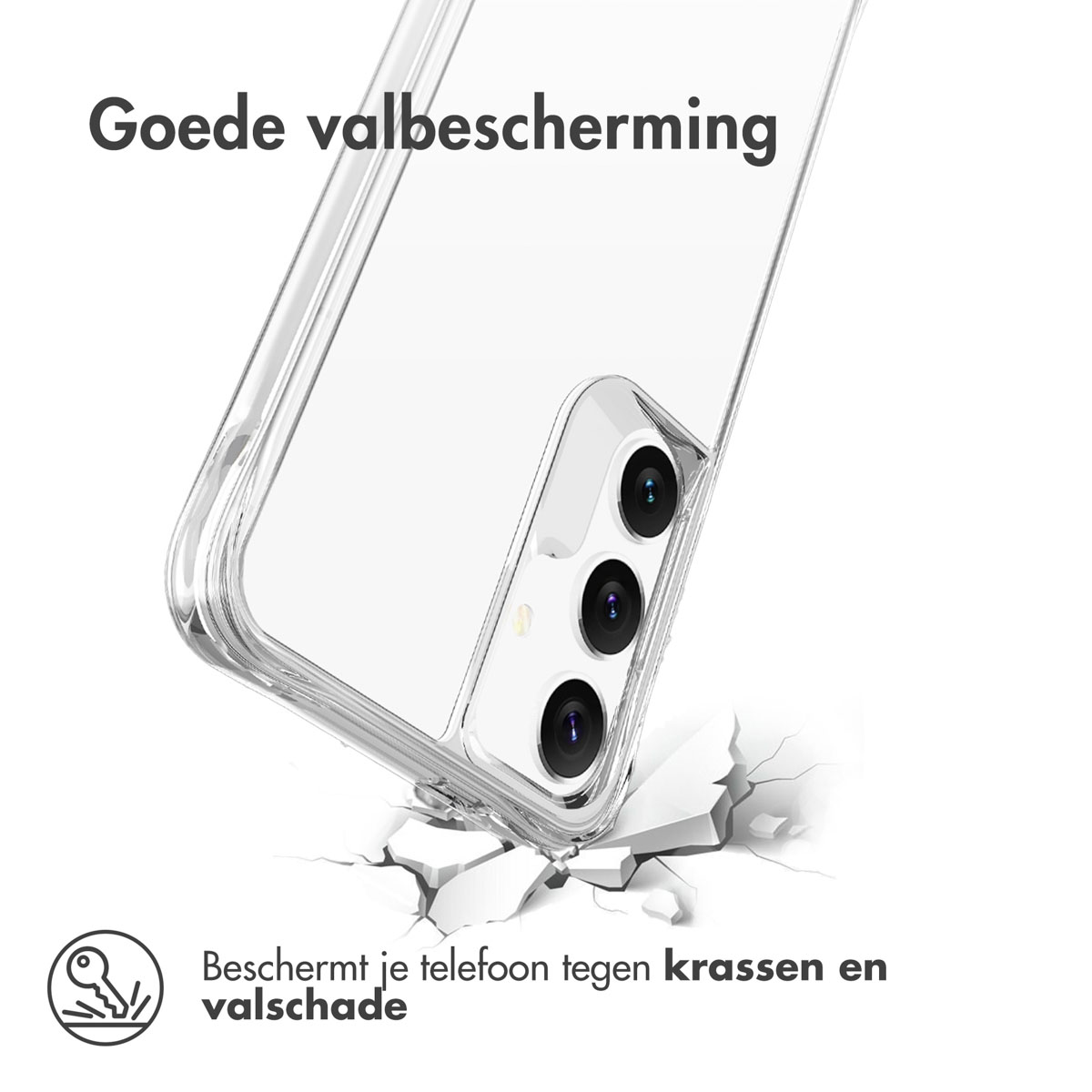 Coque de téléphone qui tombe, montrant l'impact sur une surface fissurée.
