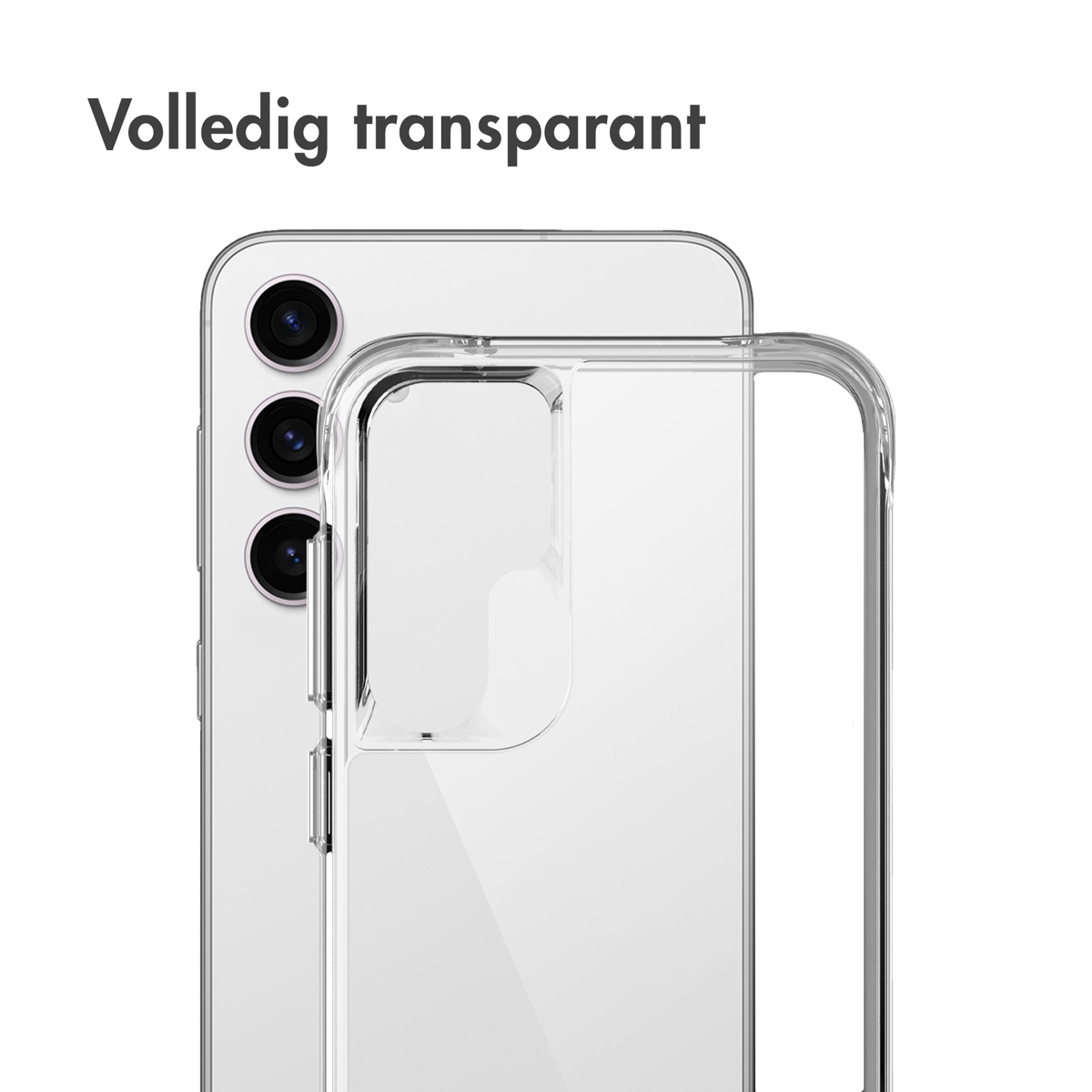 Coque transparente sur téléphone, vue arrière. Le téléphone est blanc. Coque transparente.