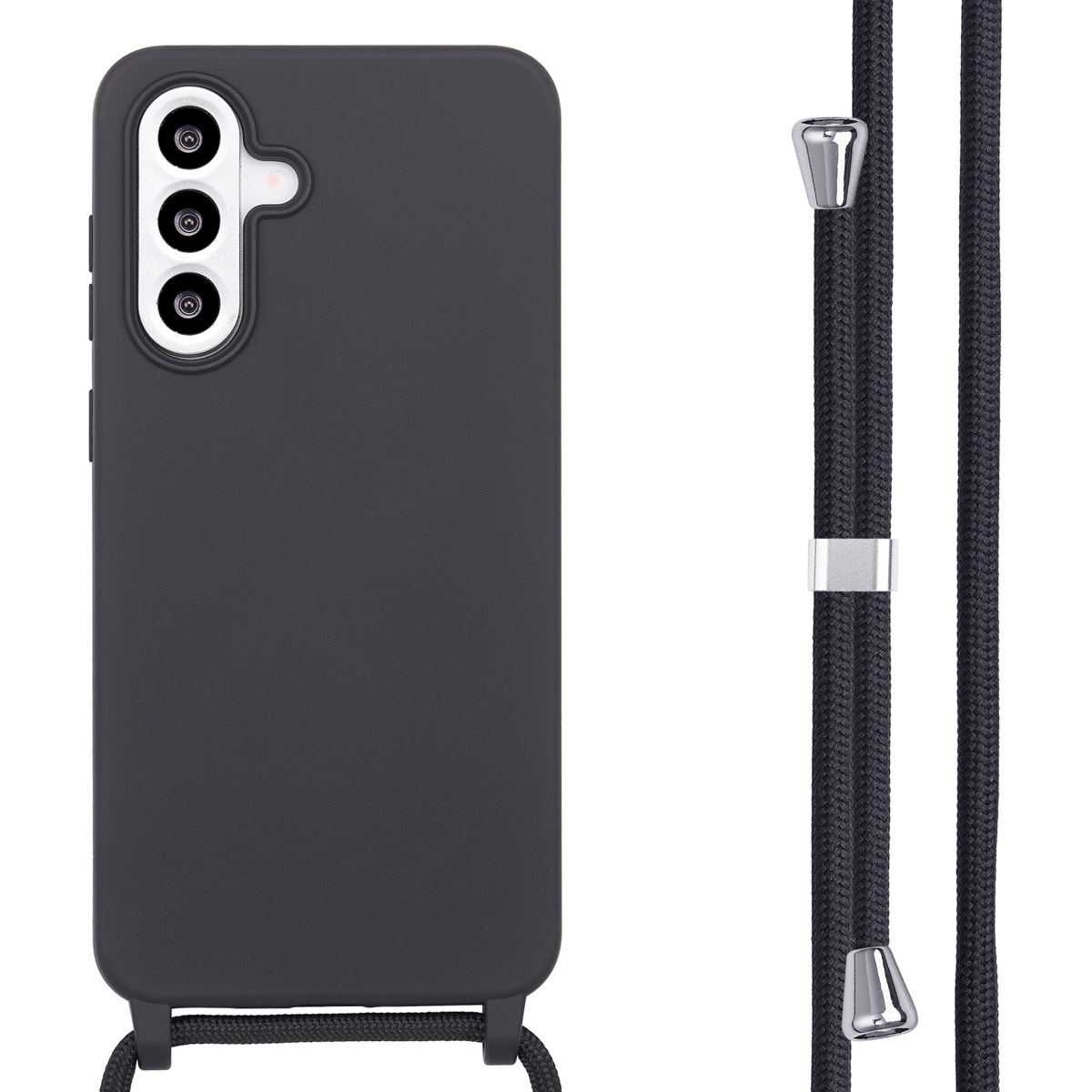 Zwarte telefoonhoes met een zwart koord. De telefoonhoes heeft drie camera's. Zwart.