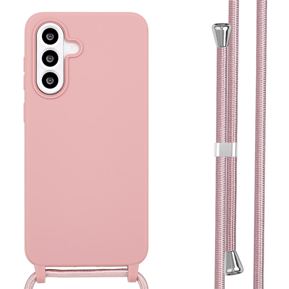 Roze telefoonhoes met een koord. De telefoon heeft meerdere camera's. Het koord is roze.
