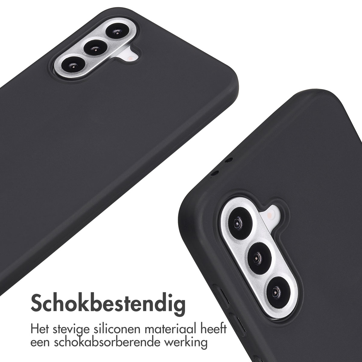 Zwarte telefoonhoesjes, close-up. Twee hoesjes met camera-uitsparingen, een schuin naar de kijker.