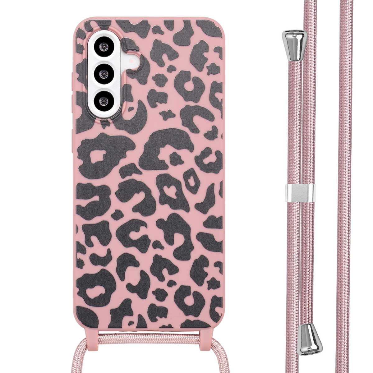 Roze telefoonhoesje met luipaardprint. Roze koord bevestigd aan de hoes. Zwarte vlekken.