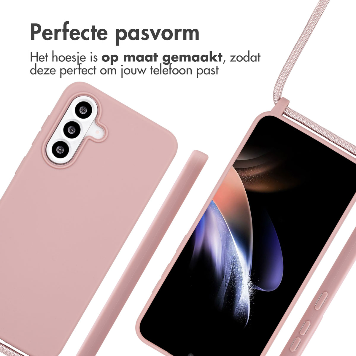 Roze telefoonhoes en telefoon met een bandje, perfecte pasvorm en design.