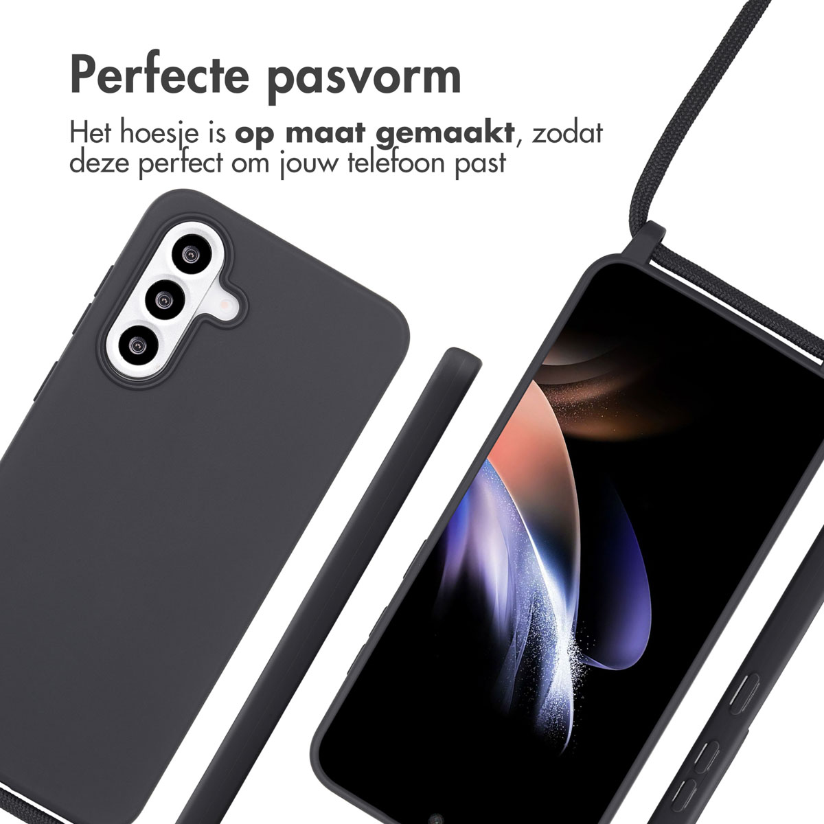 Zwarte telefoonhoes en telefoon. Scherm toont afbeelding. Tekst: Perfecte pasvorm.