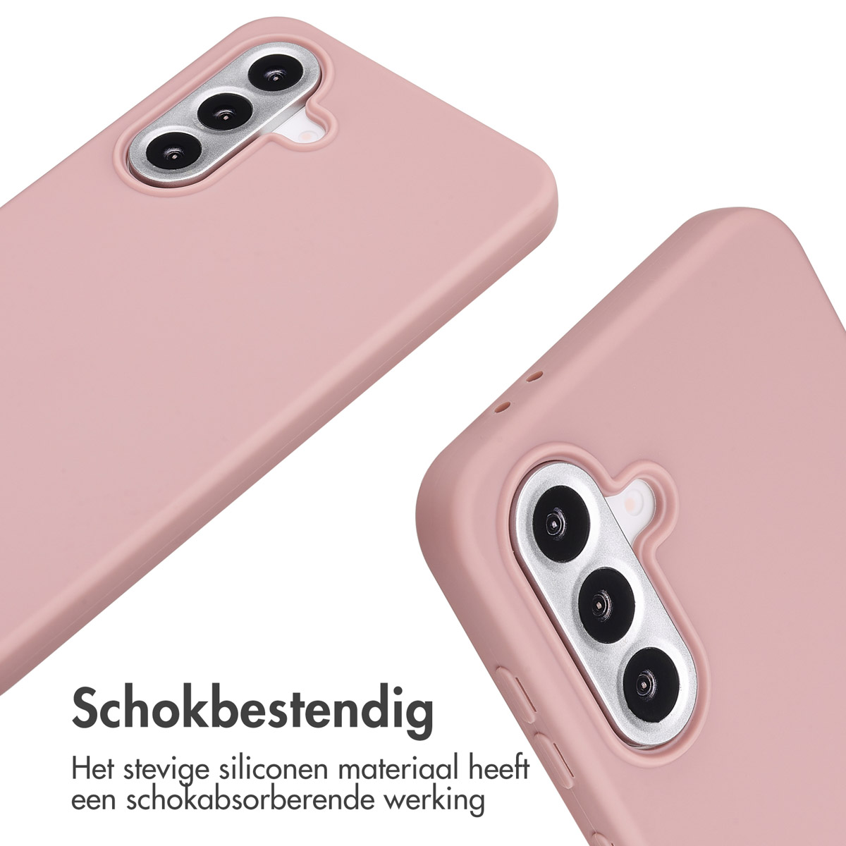Roze telefoonhoesjes. Close-up van telefoonhoes met camera-uitsparingen. Tekst: 'Schokbestendig'.