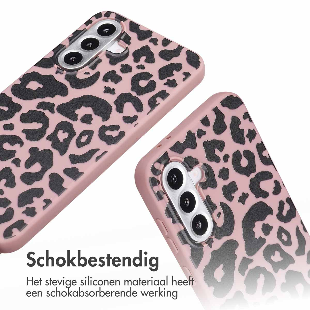 Twee telefoonhoesjes met luipaardprint. Tekst zegt 'Schokbestendig'. Witte achtergrond.
