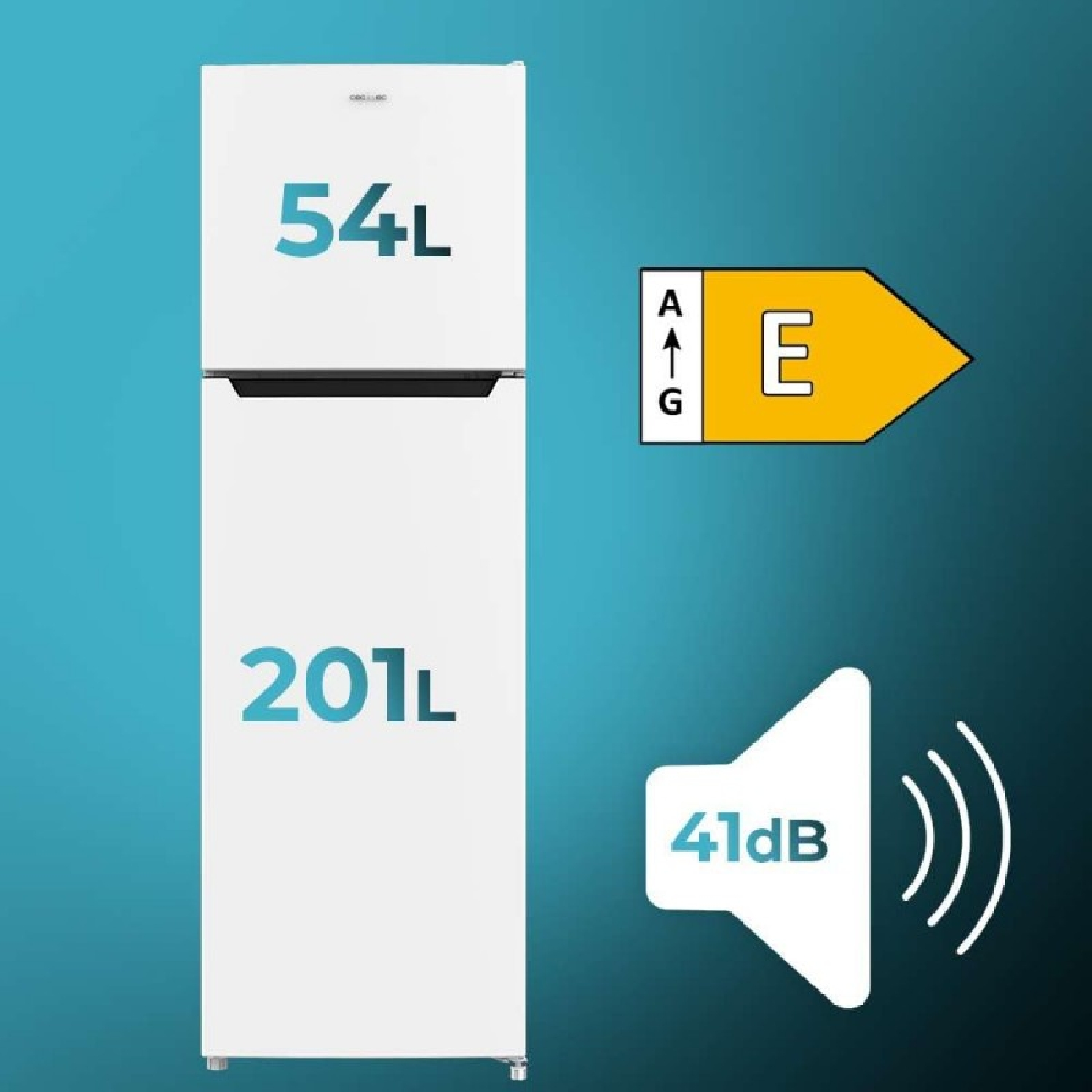 Un refrigerador blanco, mostrando capacidad de 54L y 201L. Etiqueta energética muestra E.