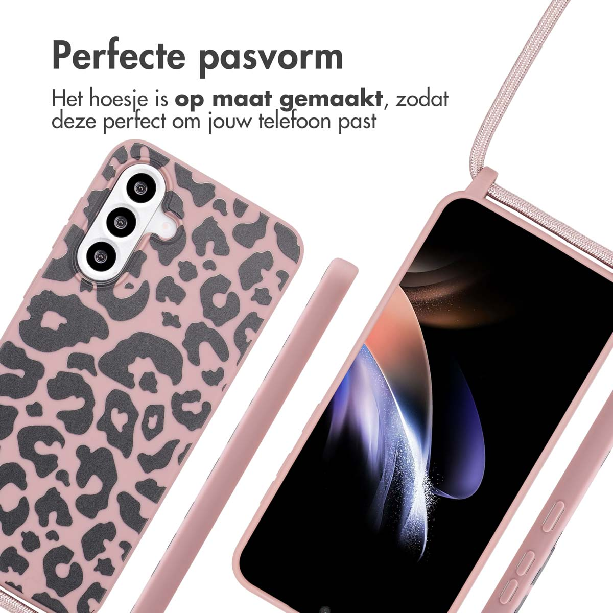 Telefoonhoesje met een roze luipaardprint. Een andere hoes met een koord eraan.