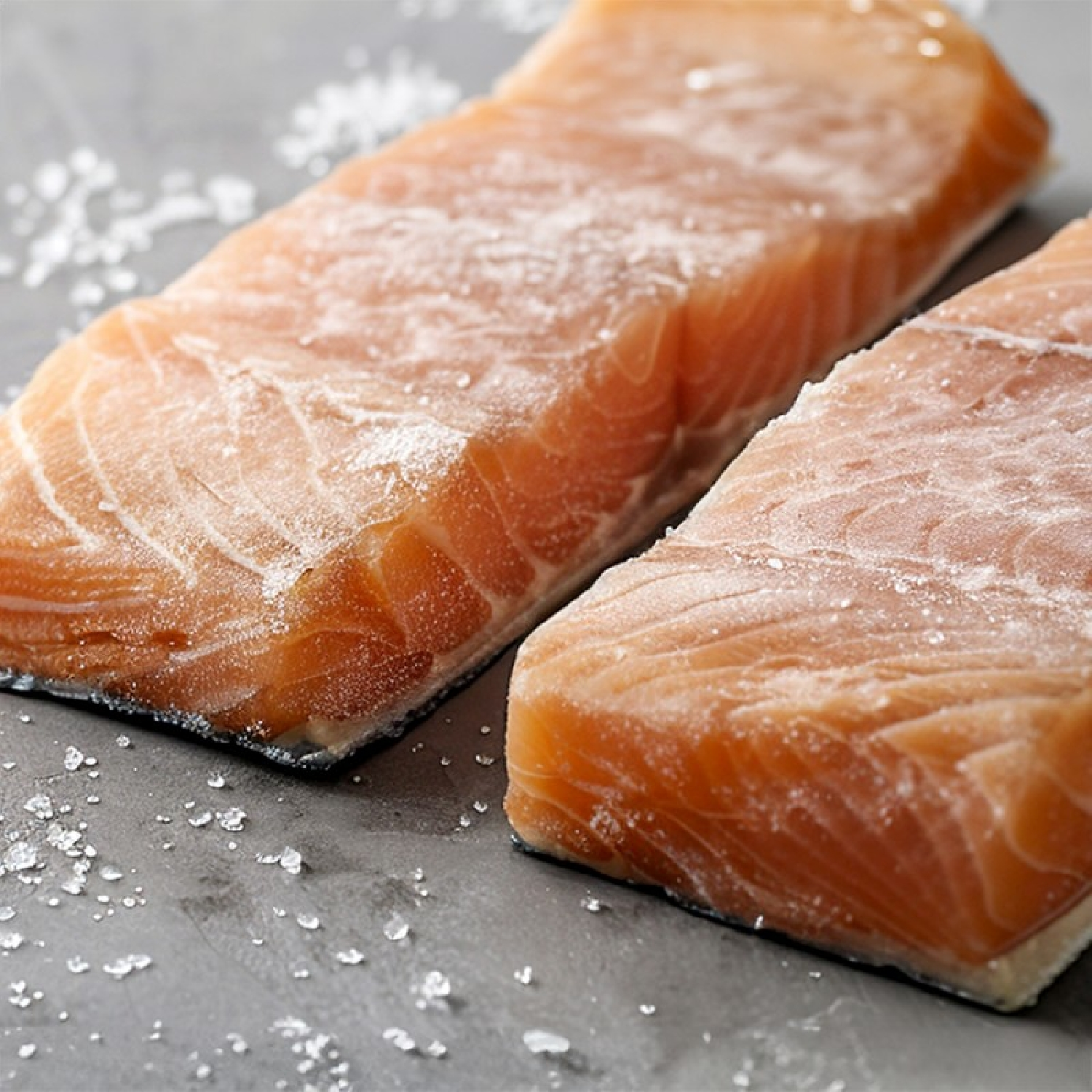 Dwa surowe filety z łososia na szarej powierzchni. Kryształki soli są wokół nich rozrzucone.