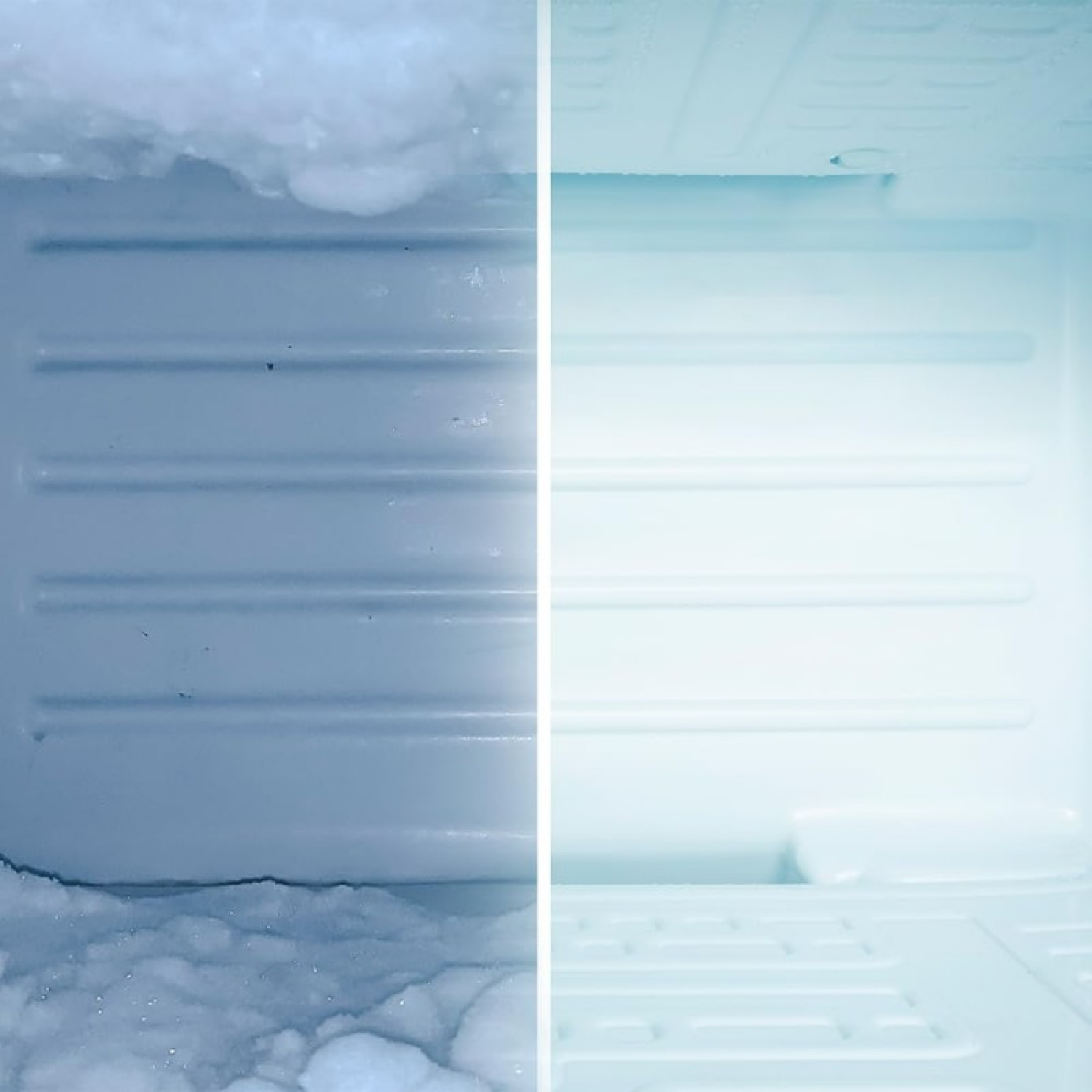All'interno di un frigorifero, un lato è coperto di ghiaccio, l'altro è pulito. L'interno è bianco.