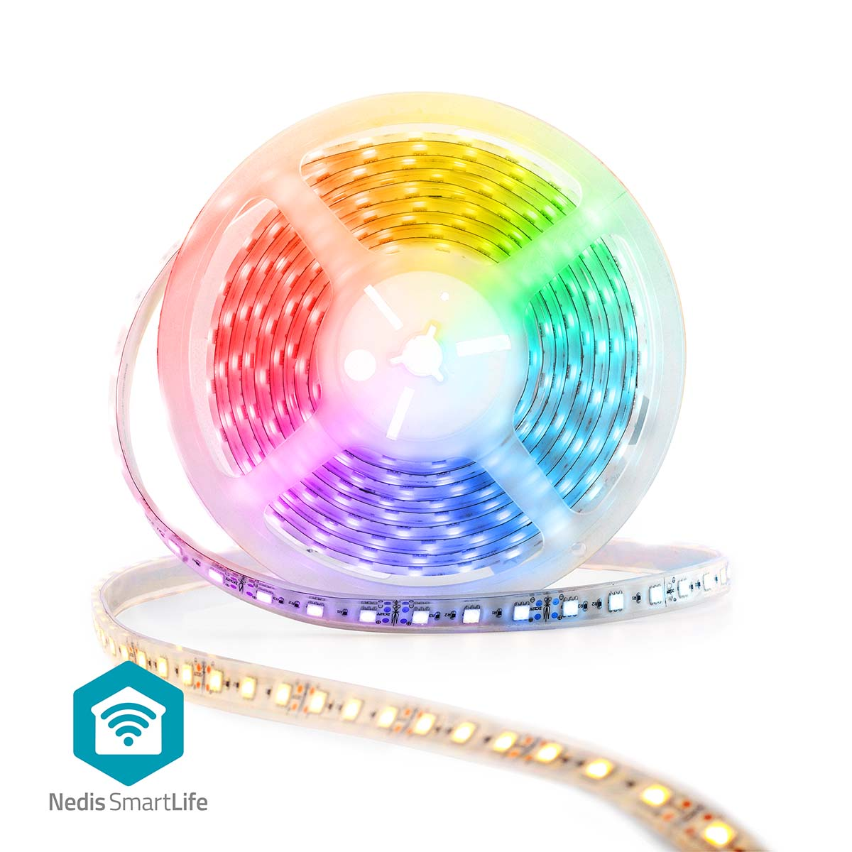 RGB LED light strip rolled. The strip is multi-colored. Text: Nedis SmartLife logo.