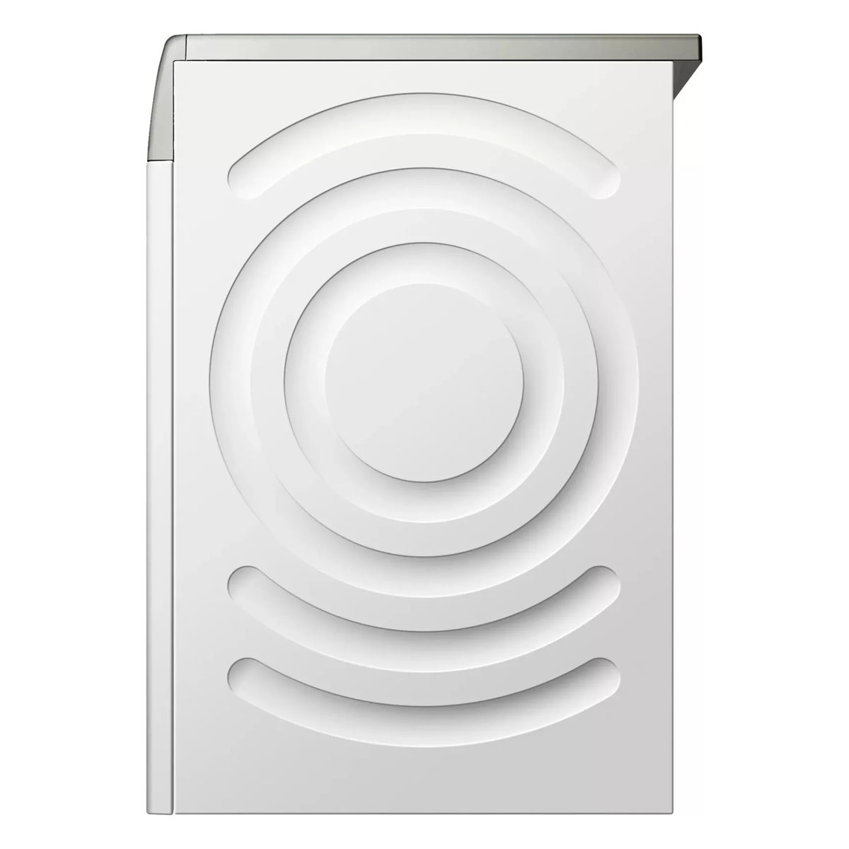 Porte de machine à laver blanche avec des cercles et des lignes concentriques.