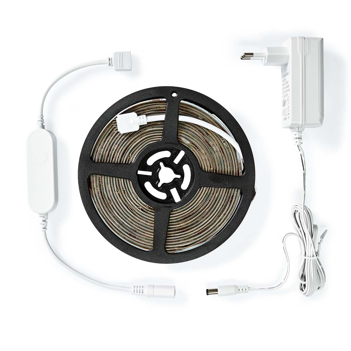 White LED strip, power adapter, and control button laid out on a white surface.