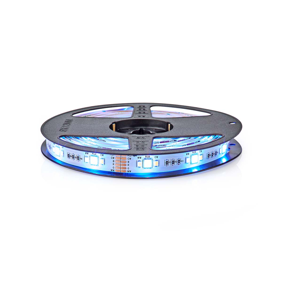 LED strip light on a spool. The lights are blue and white, and the background is white.