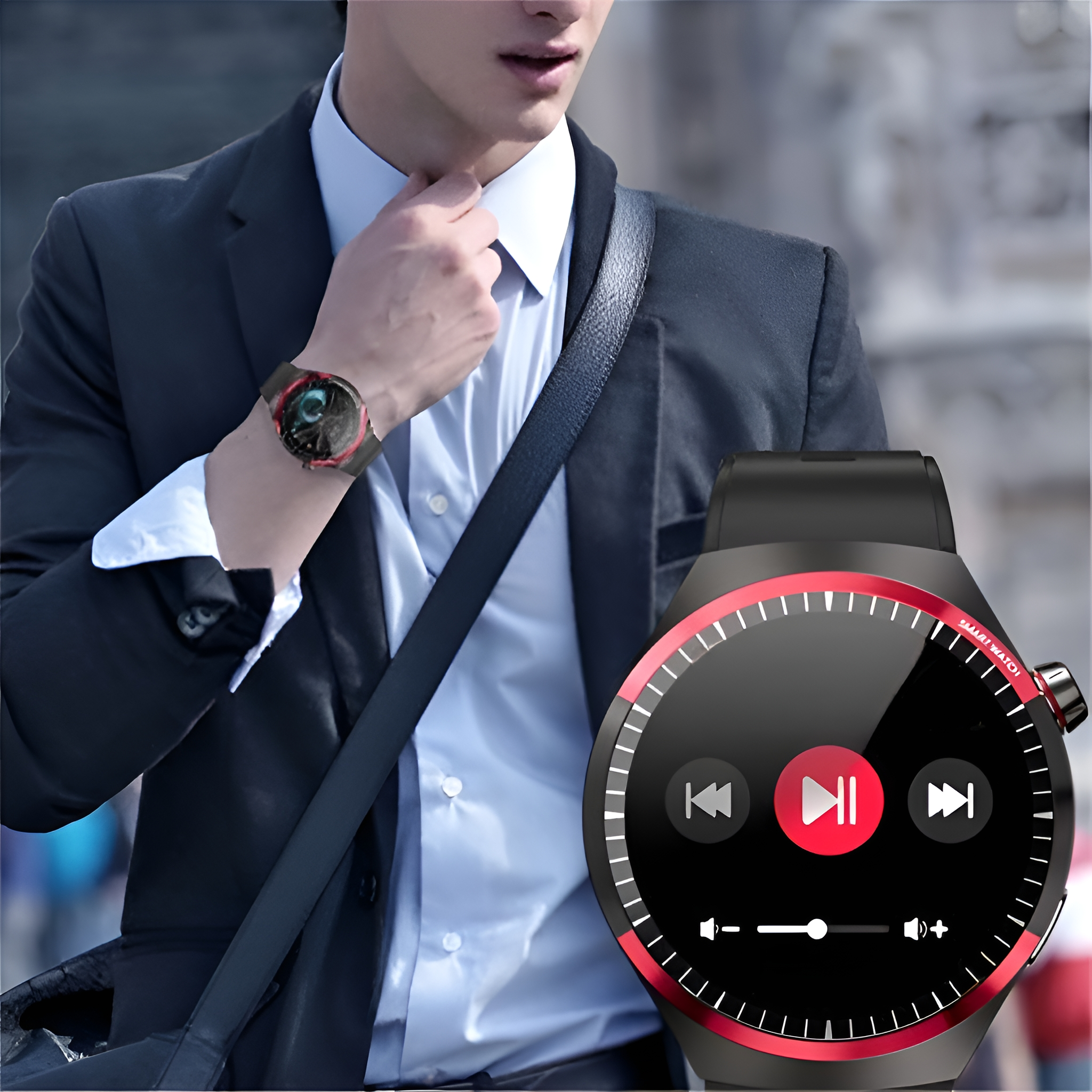 Mann im Anzug mit Smartwatch mit Musiksteuerung auf dem Bildschirm.
