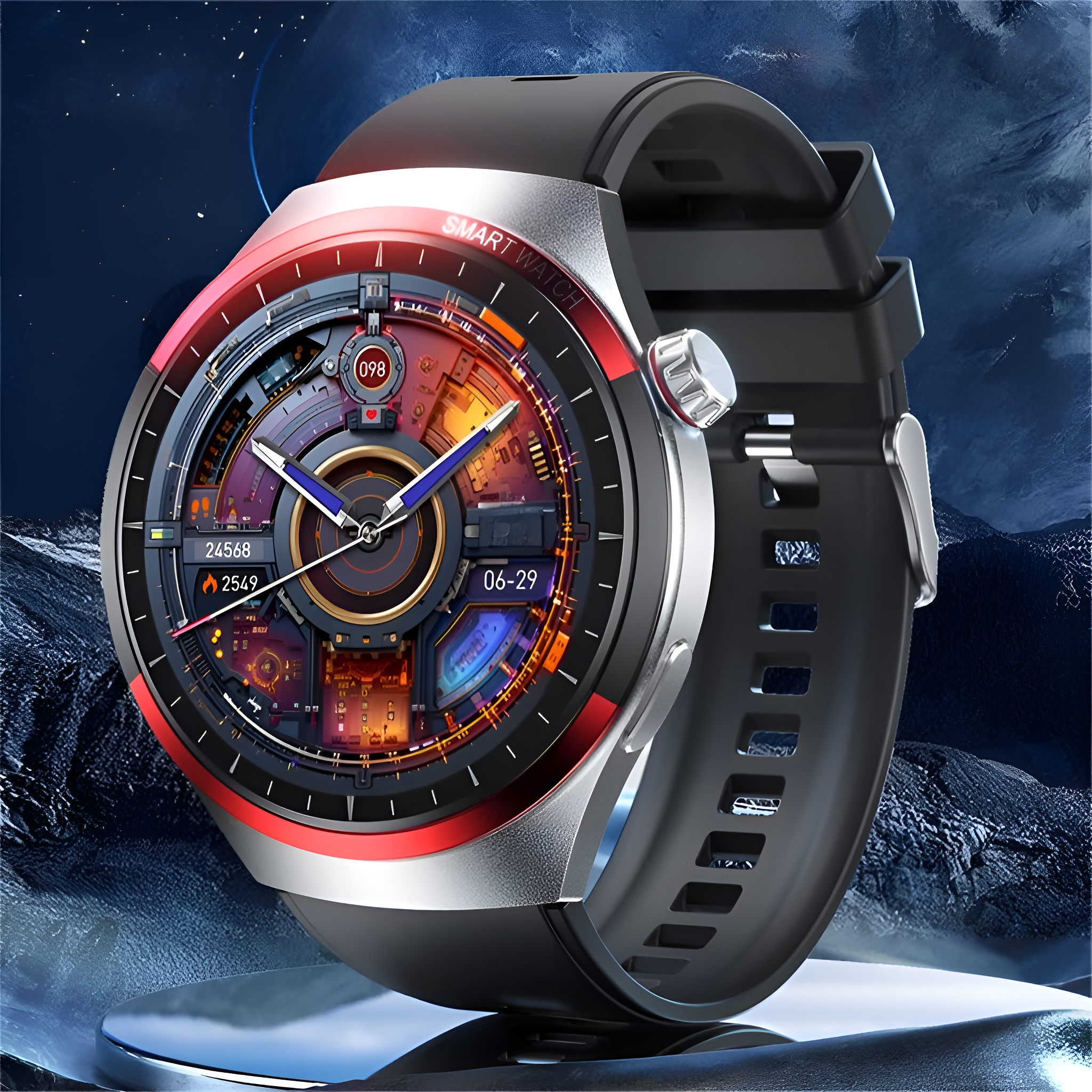 Smartwatch mit schwarzem Armband, silbernem Gehäuse und Digitalanzeige.