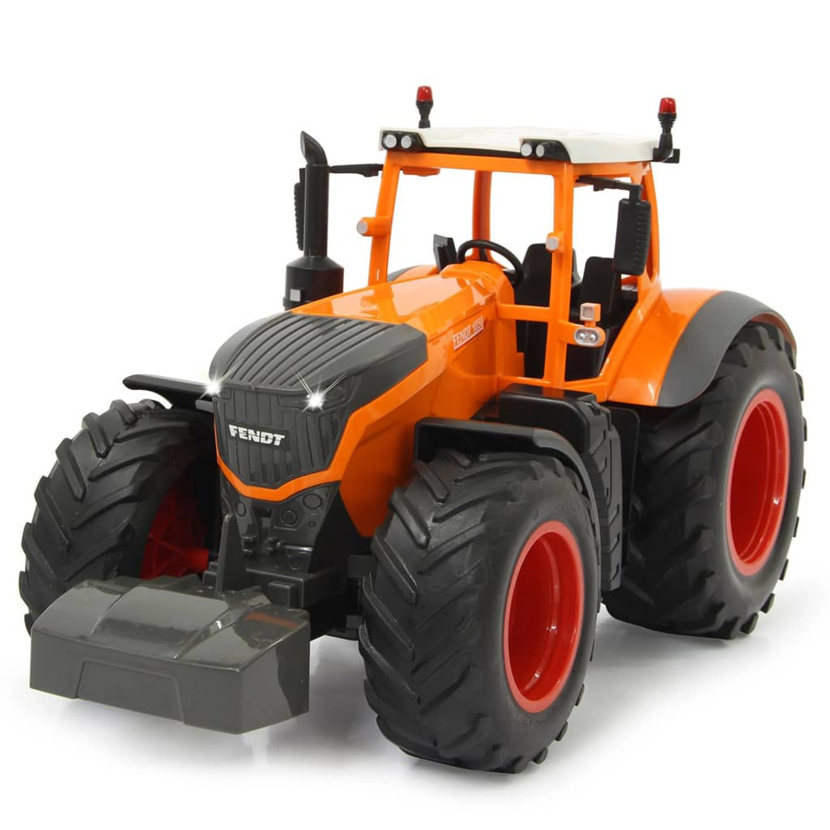 Ein oranger Traktor mit schwarzen und roten Akzenten und einem weißen Dach.