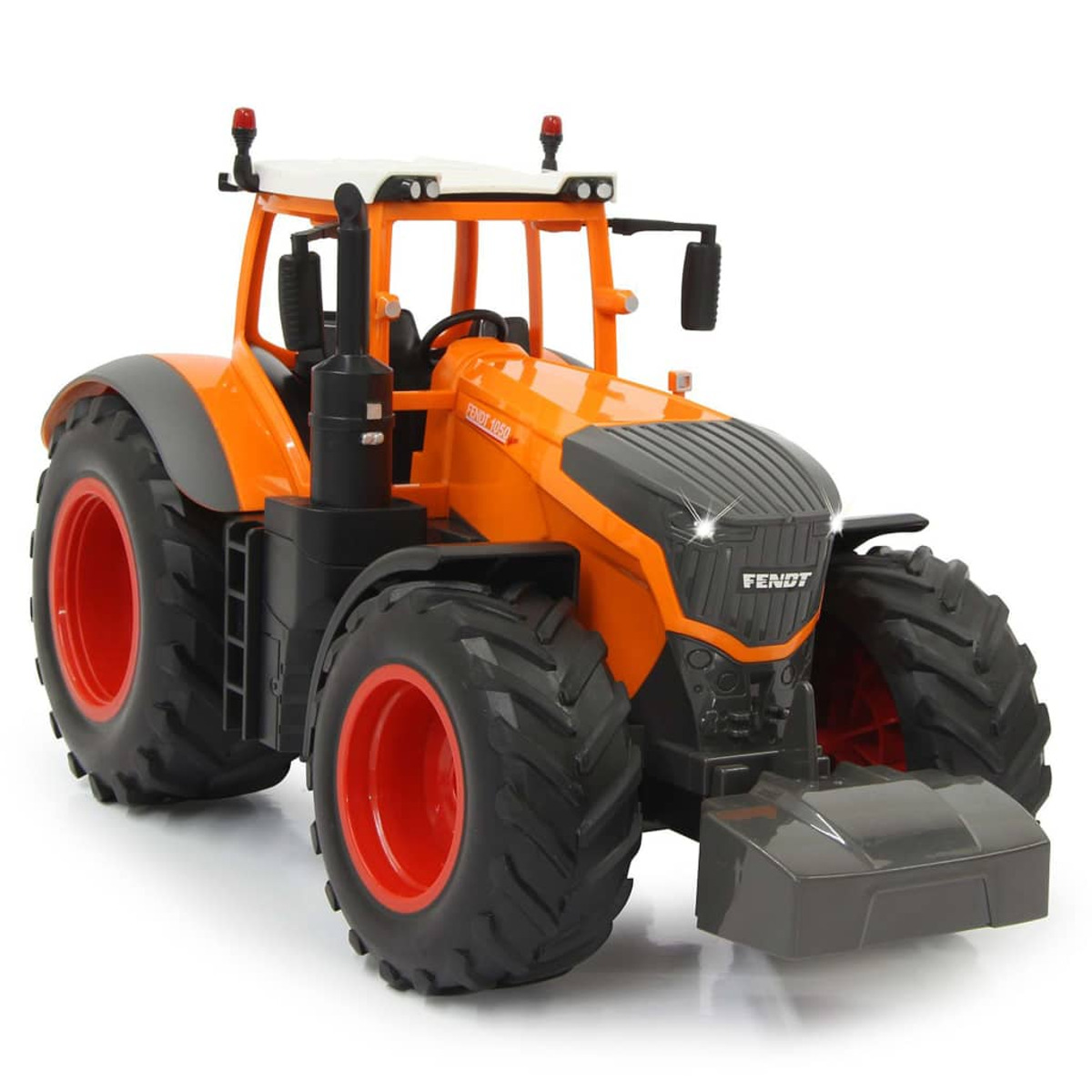 Oranger Spielzeugtraktor mit schwarzen Details und roten Rädern.