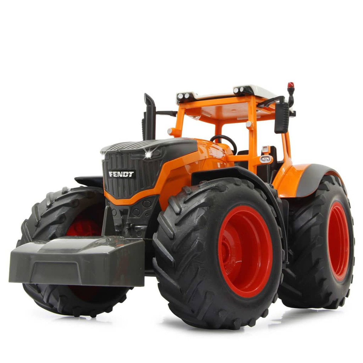 Oranger Traktor mit schwarzen Reifen und FENDT-Logo auf weißem Hintergrund.