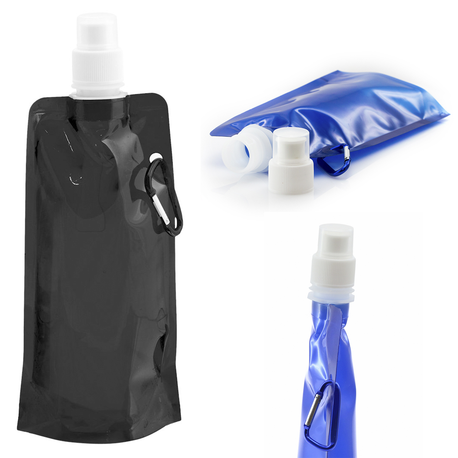 Tre immagini di una sacca d'acqua nera e blu con una testina spray bianca.