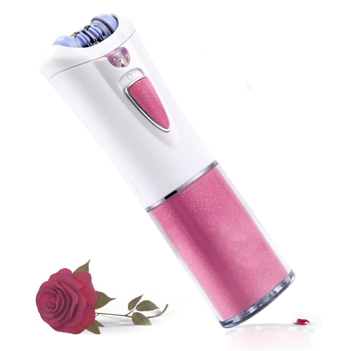 Weißer und rosa Epilierer mit einer roten Rose auf weißem Hintergrund.